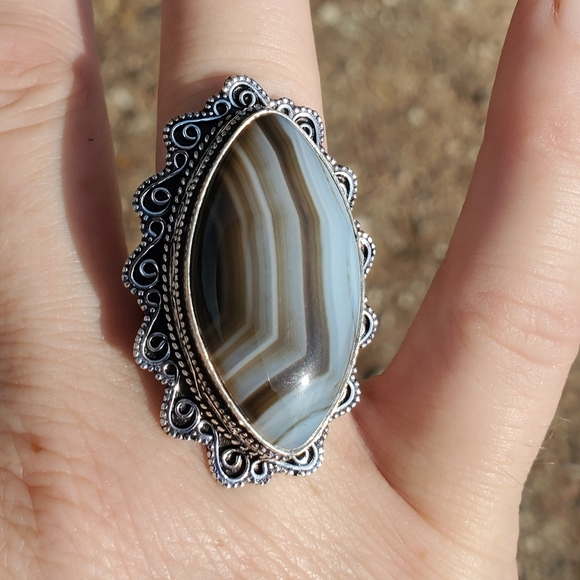 New Huge Botswana Agate Antique Design 925 Silver Statement Ring. - Picture 7 of 16